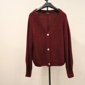 Fashion Burgandy Rib Knit Button Up Cardigan